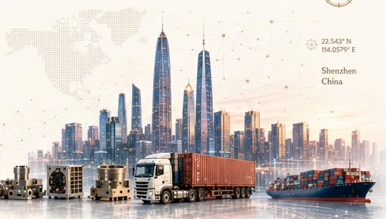 Shenzhen skyline, industrial components, logistics truck and cargo ship